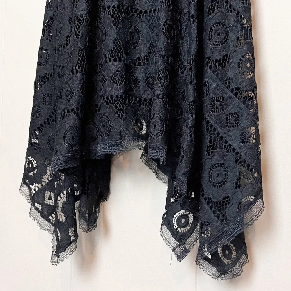 Free People Just Like Honey Black Lace Dress 2 Handkerchief Hem Open Back Midi
